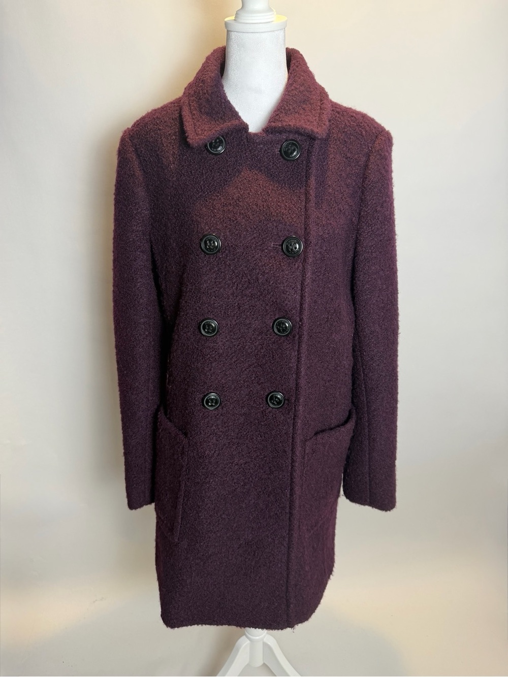 DKNY Double-Breasted Textured/ Nubby Wool Blend Boucle Pea Coat in Plum